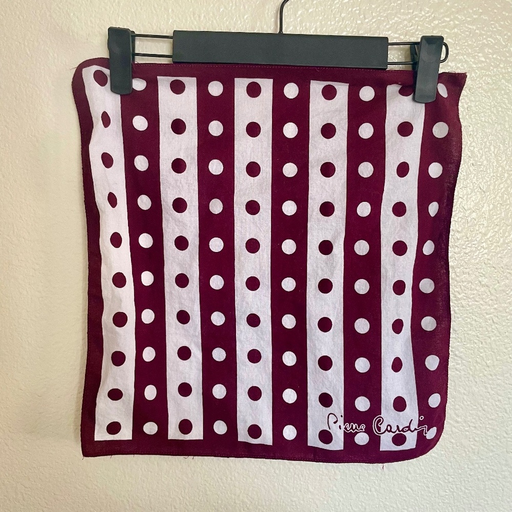 Authentic 1960s–1970s Pierre Cardin scarf featuring a bold burgundy